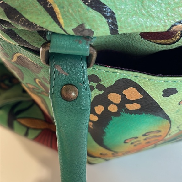 Anuschka Handpainted Leather Large Tote Animal Butterfly Green Crossbody Bag - Picture 12 of 16